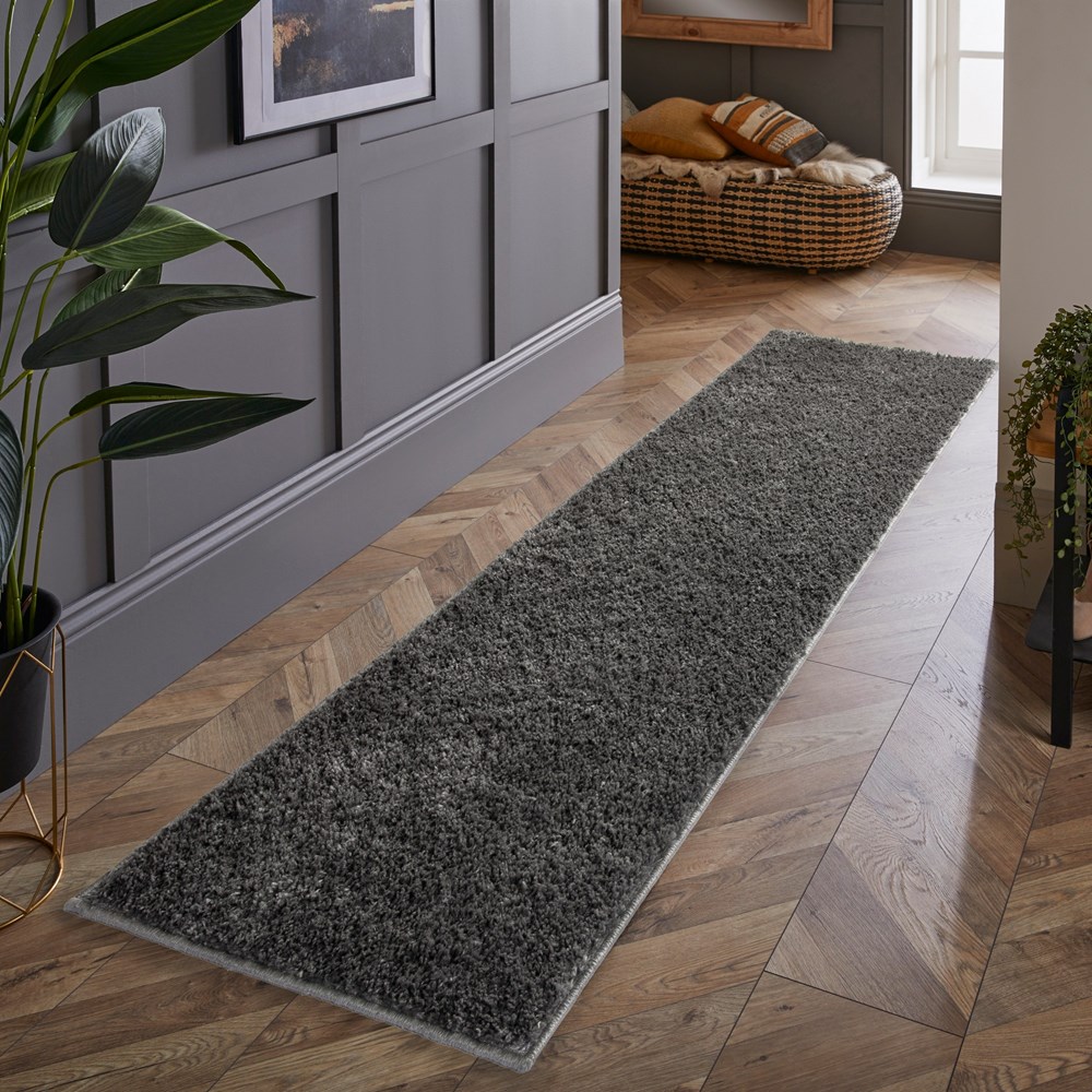 Larissa Washable Plain Shaggy Runner Rug in Charcoal Grey